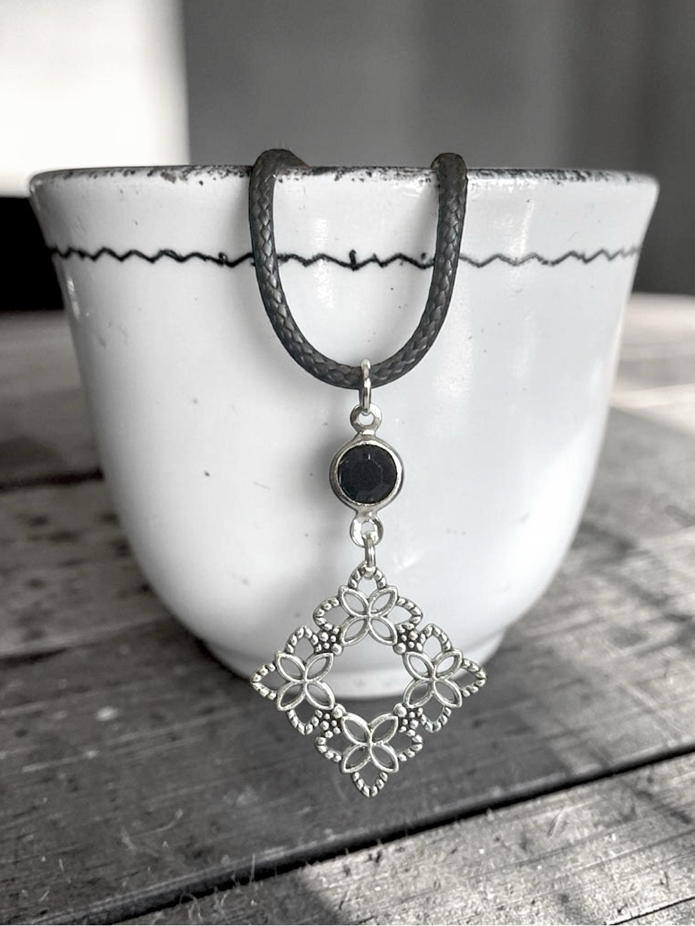 5 For $25💫Silver Floral Diamond Pendant Necklace with Black Acrylic Gem Accent